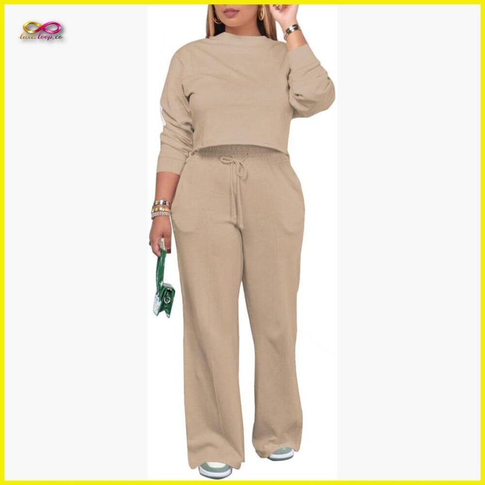 Women's Two Piece Sweatsuit Set Long Sleeve Crop Top Wide Leg Pants Casual